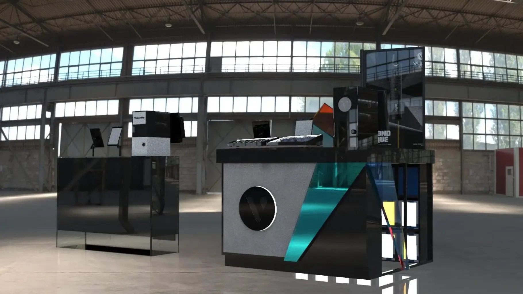 Vuse-branded bar kiosk render, full identity applied to the same DNA