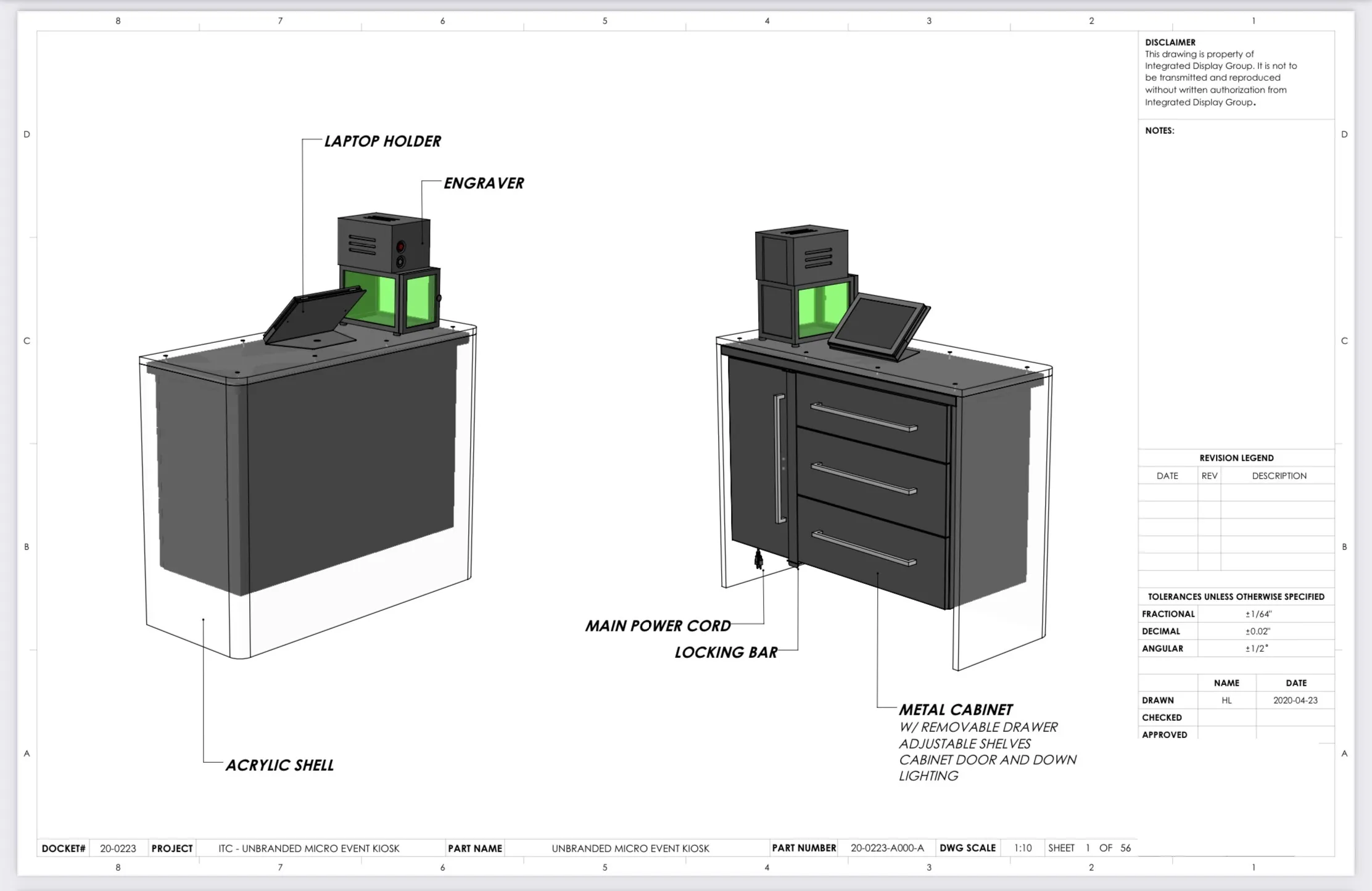 Dark-market kiosk, engineering drawing, unbranded micro event kiosk