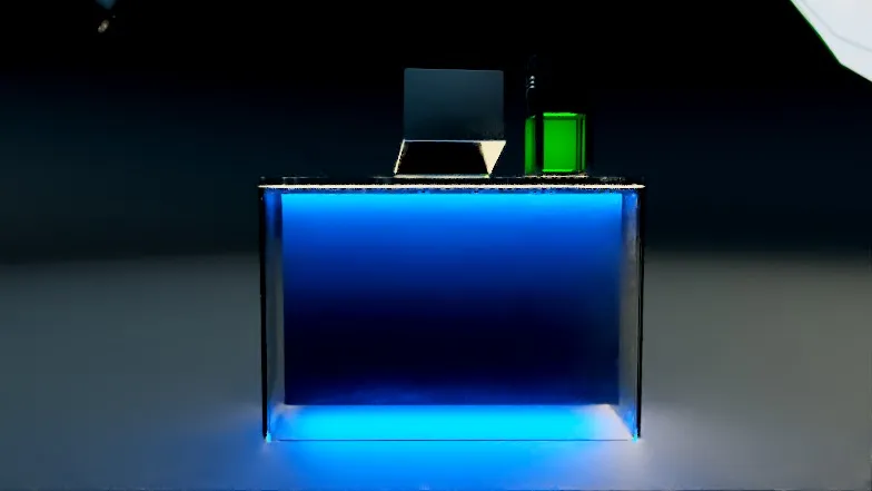 Dark-market kiosk, lit acrylic display, presence without a logo