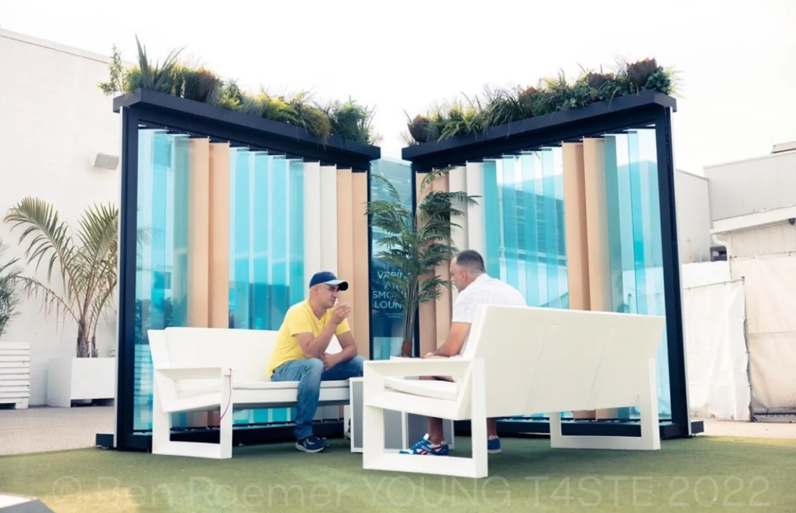 Cabana lounge as-built, guests inside the louver pavilion