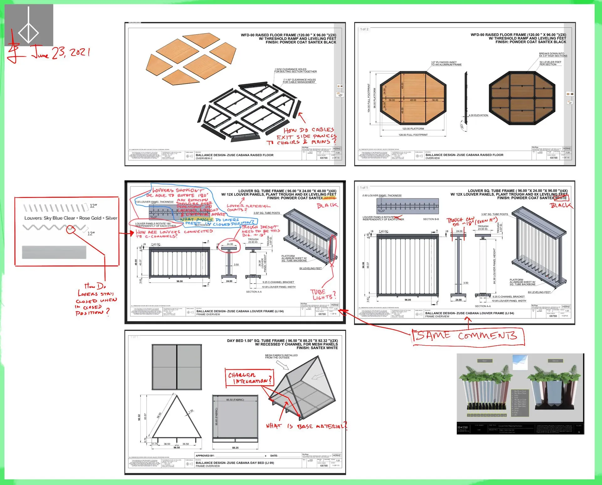 Cabana technical drawings, louver-wall and platform engineering, annotated