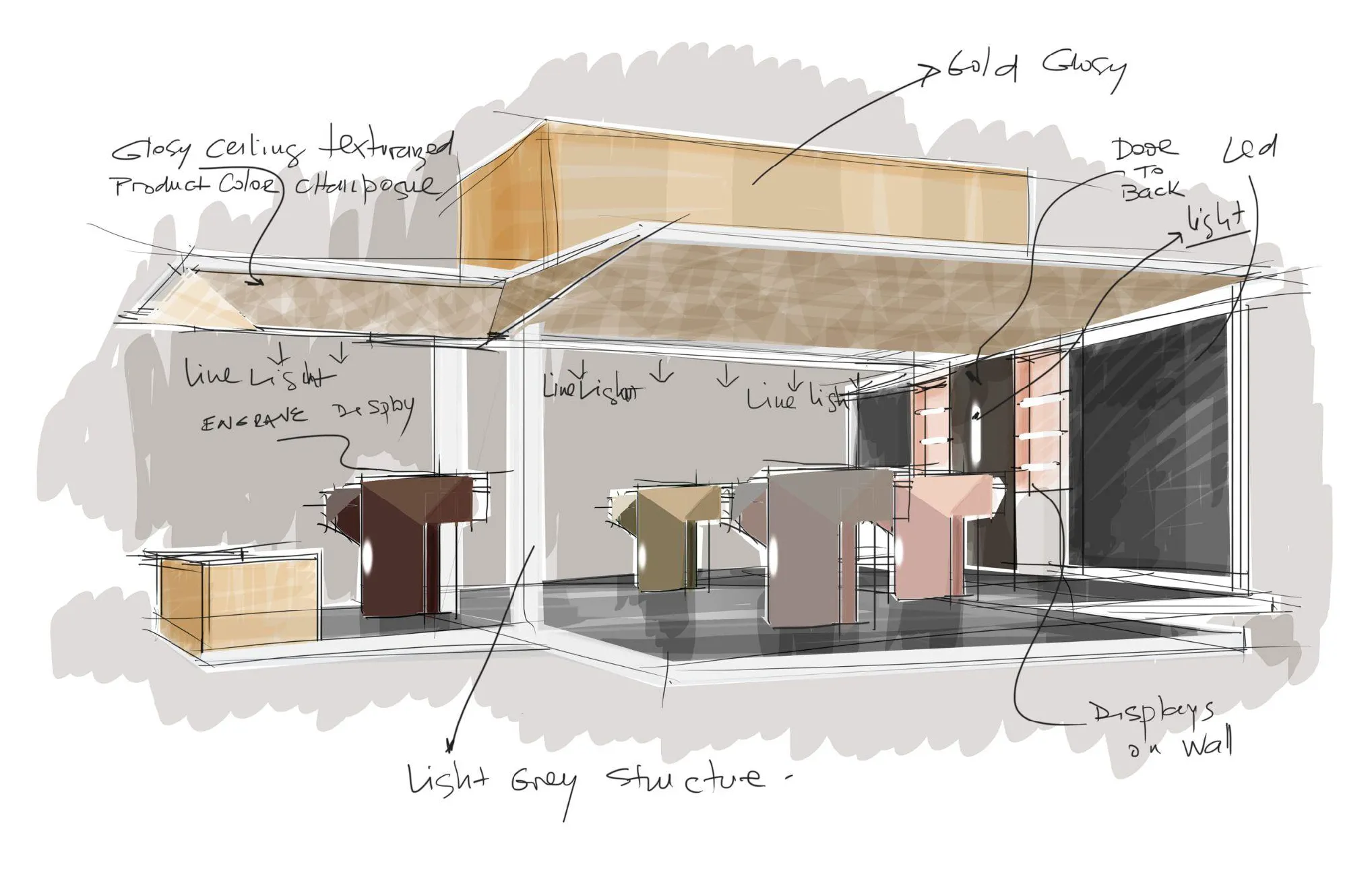 Hand-drawn perspective concept sketch of the pavilion interior: a glossy champagne-gold textured ceiling over a light grey structural frame, line lighting along the soffits, engraved product displays on plinths, and wall-mounted displays toward a door to the back of house