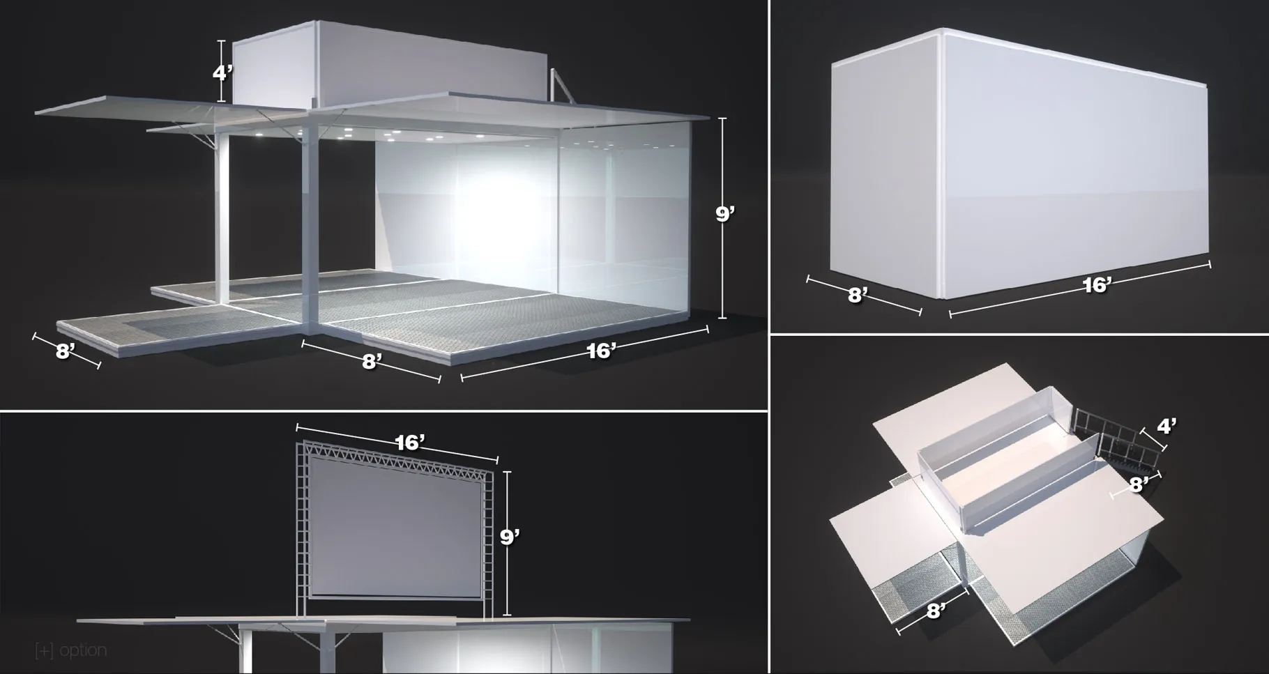 Dimensioned render of the client-supplied shipping container module shown four ways: the open activation with glazed walls and canopy, the closed white container shell, a front elevation with a 16 foot screen, and an exploded plan view, all annotated at 8 by 16 by 9 feet
