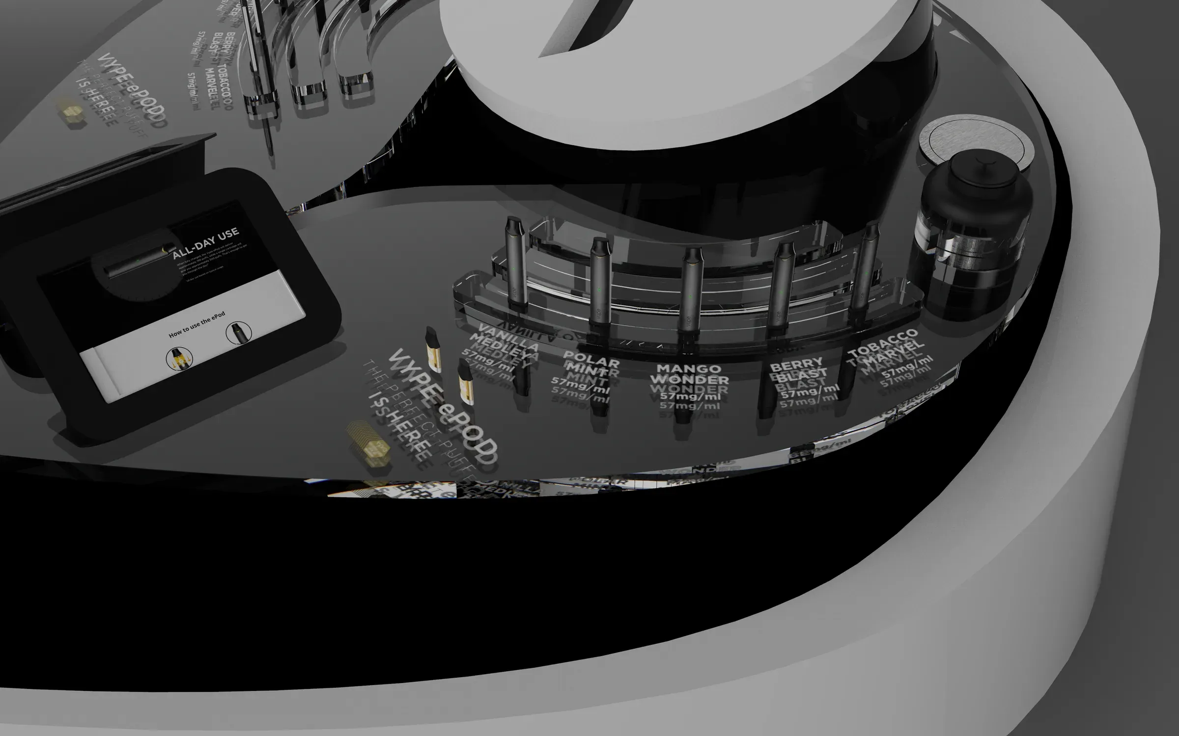 Dark, reflective product render of the Vype ePOD discovery display, showing the device and pods alongside flavor names Vanilla Medley, Polar Mint, Mango Wonder, Berry Blast, and Tobacco Marvel at 57mg/ml, with an all-day-use instruction tablet