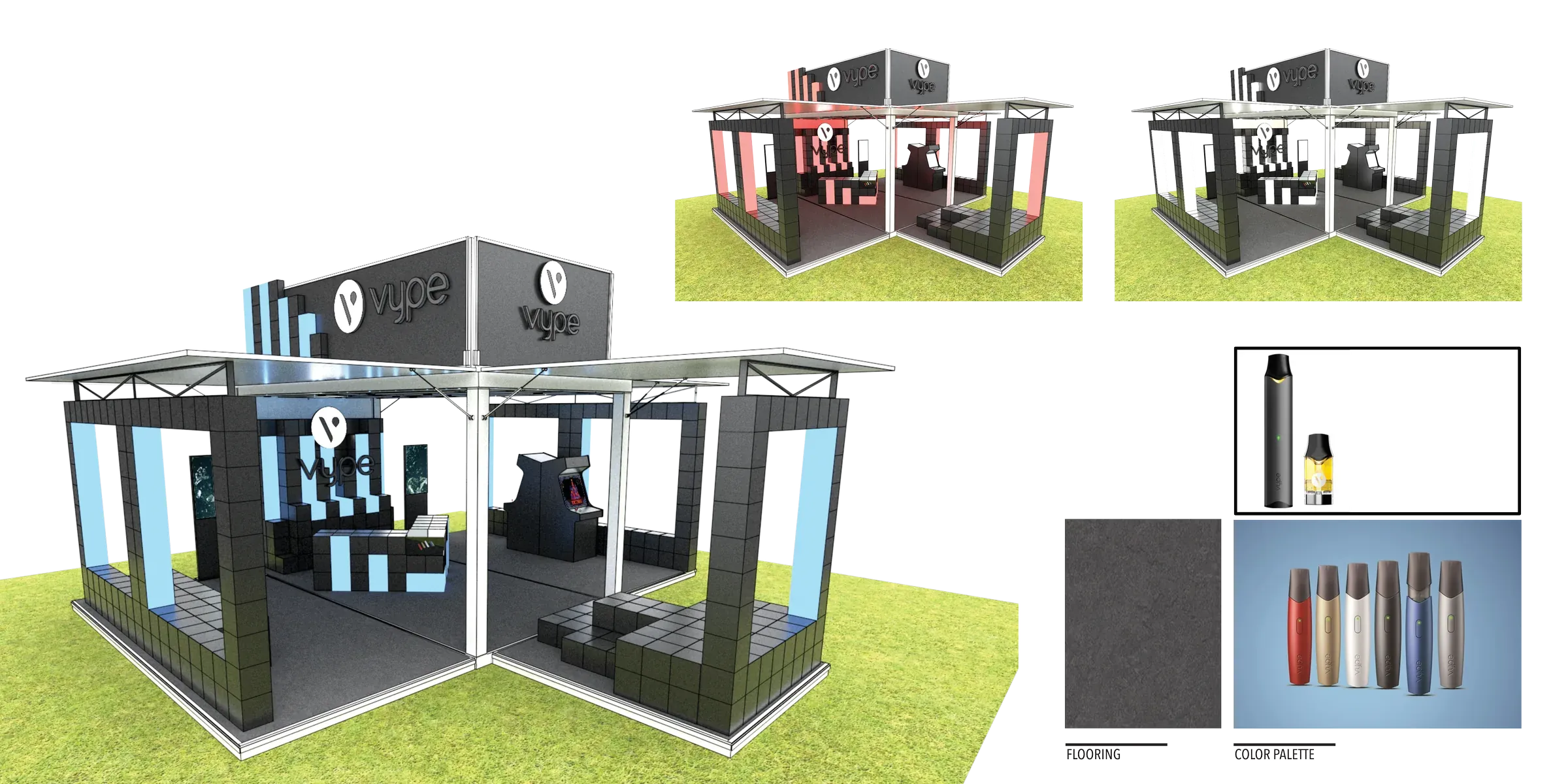 Massing study renders of the modular pavilion in several configurations, showing the branded canopy, structural columns, product display plinths, and material and product swatches