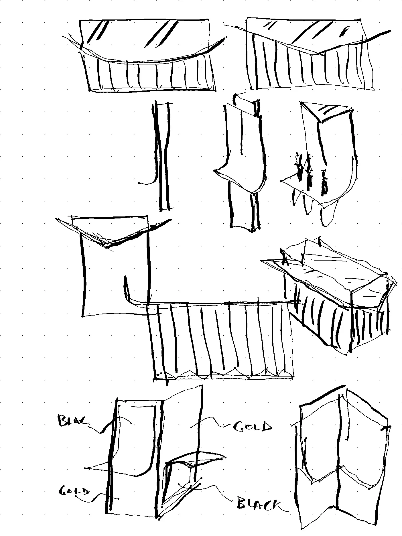 Hand-drawn concept sketches of the modular components, working out canopy, wall, counter, and seating pieces in several configurations, with BLACK and GOLD material callouts