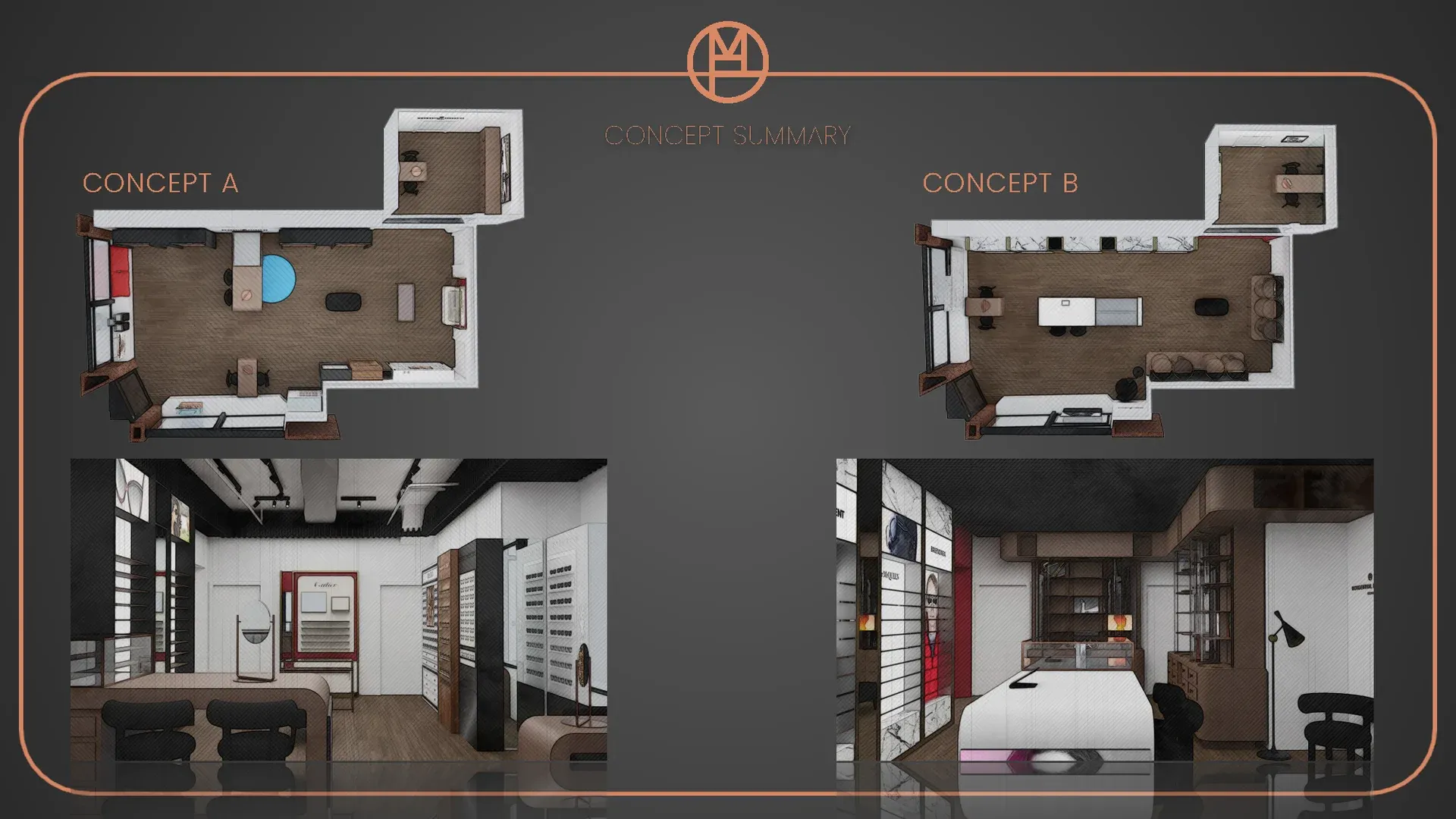 Concept comparison, floor plans and renders