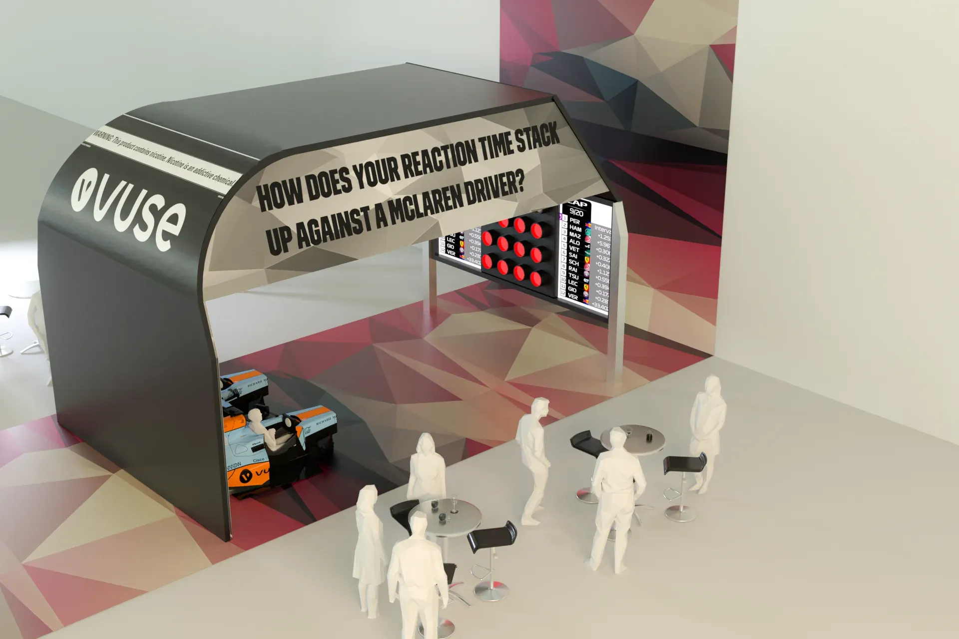 Vuse-branded McLaren reaction-time activation booth with leaderboard, simulator karts, and visitors interacting at café-height tables